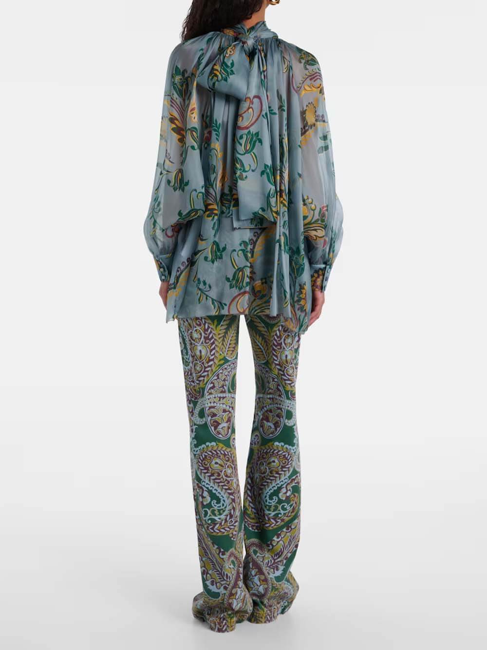 Delicate Floral Pleated Chiffon Blouse High-Waist Straight-Leg Pants Set