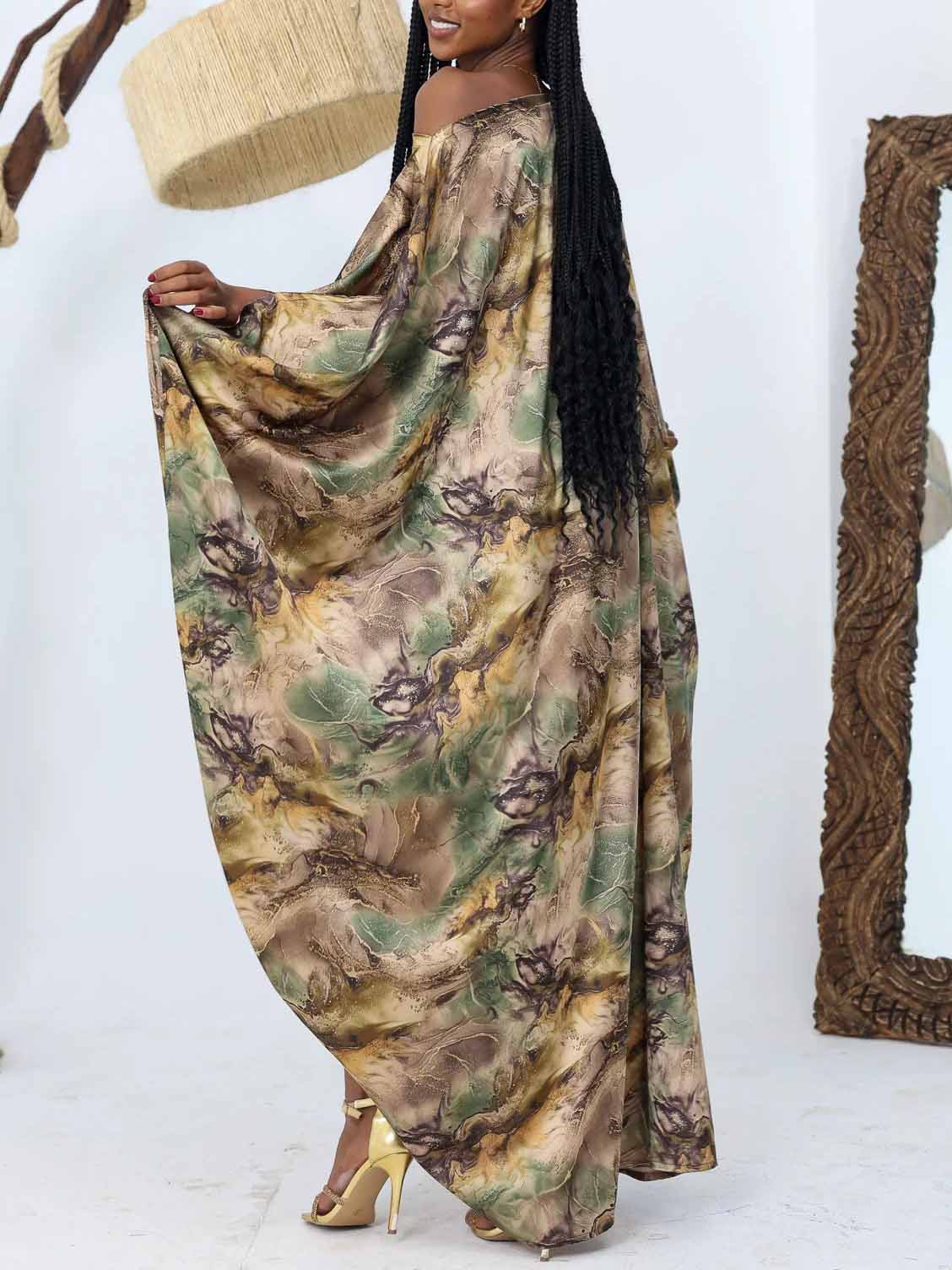 Elegant Satin Tie-dye Print Batwing Sleeve Maxi Dress