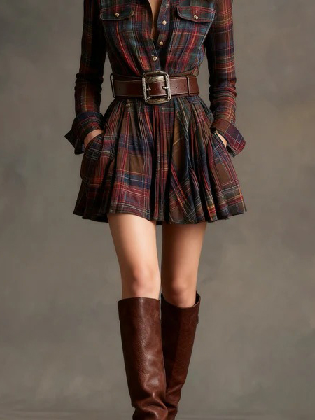 Retro Plaid Single-breasted Mini Dress
