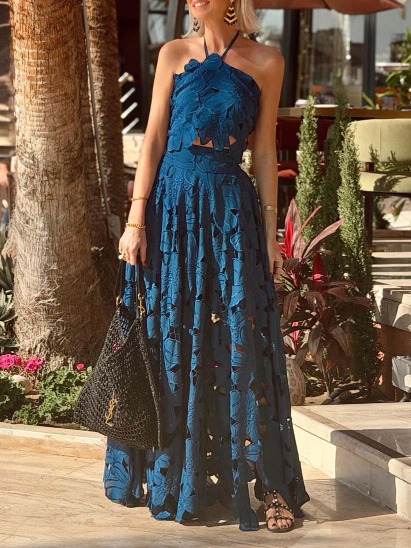 Exquisite Lace Cami Crop Top & High-Waist A-Line Maxi Skirt Two-Piece Set