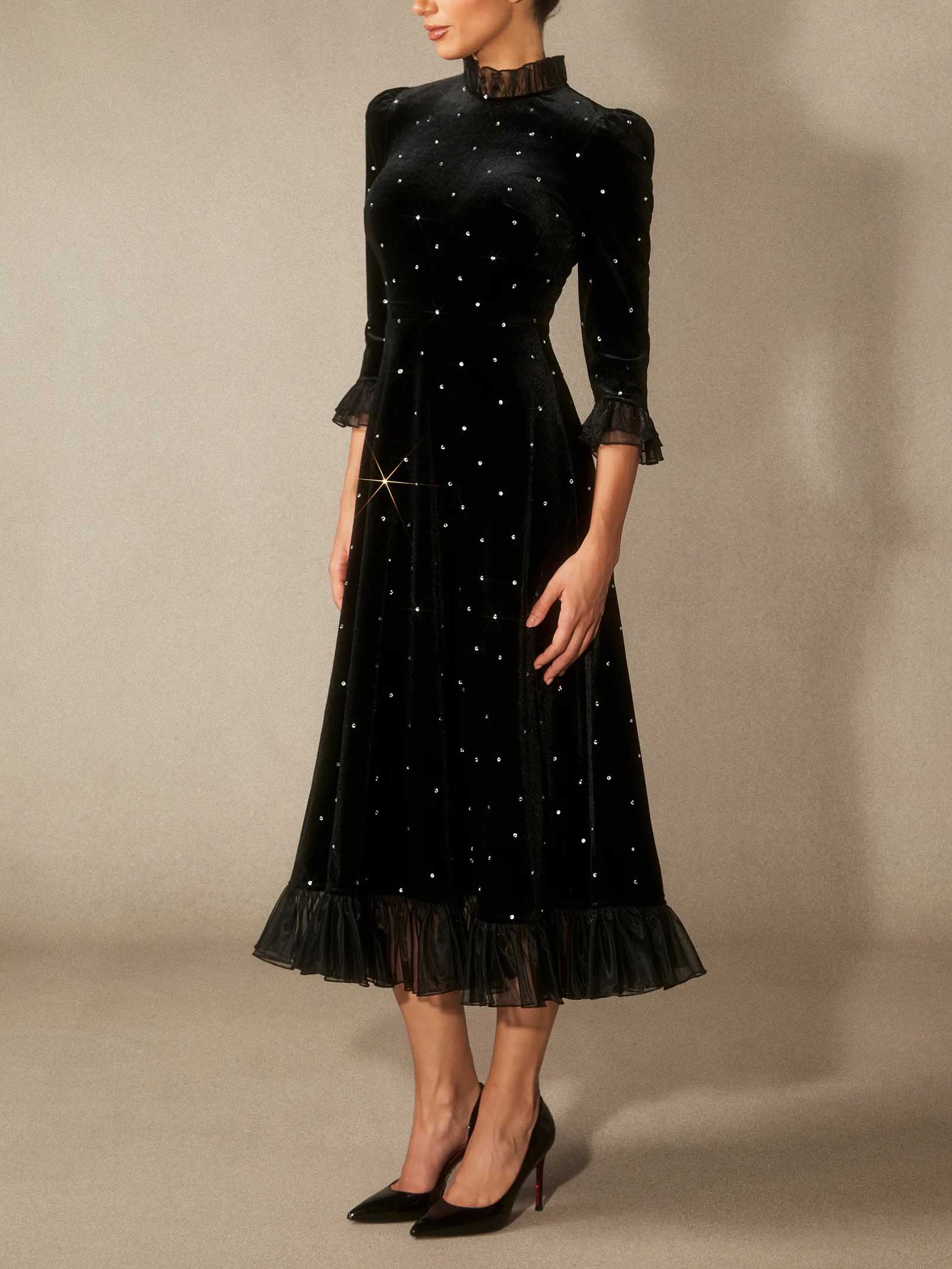 Exquisite Velvet Rhinestone Midi Dress
