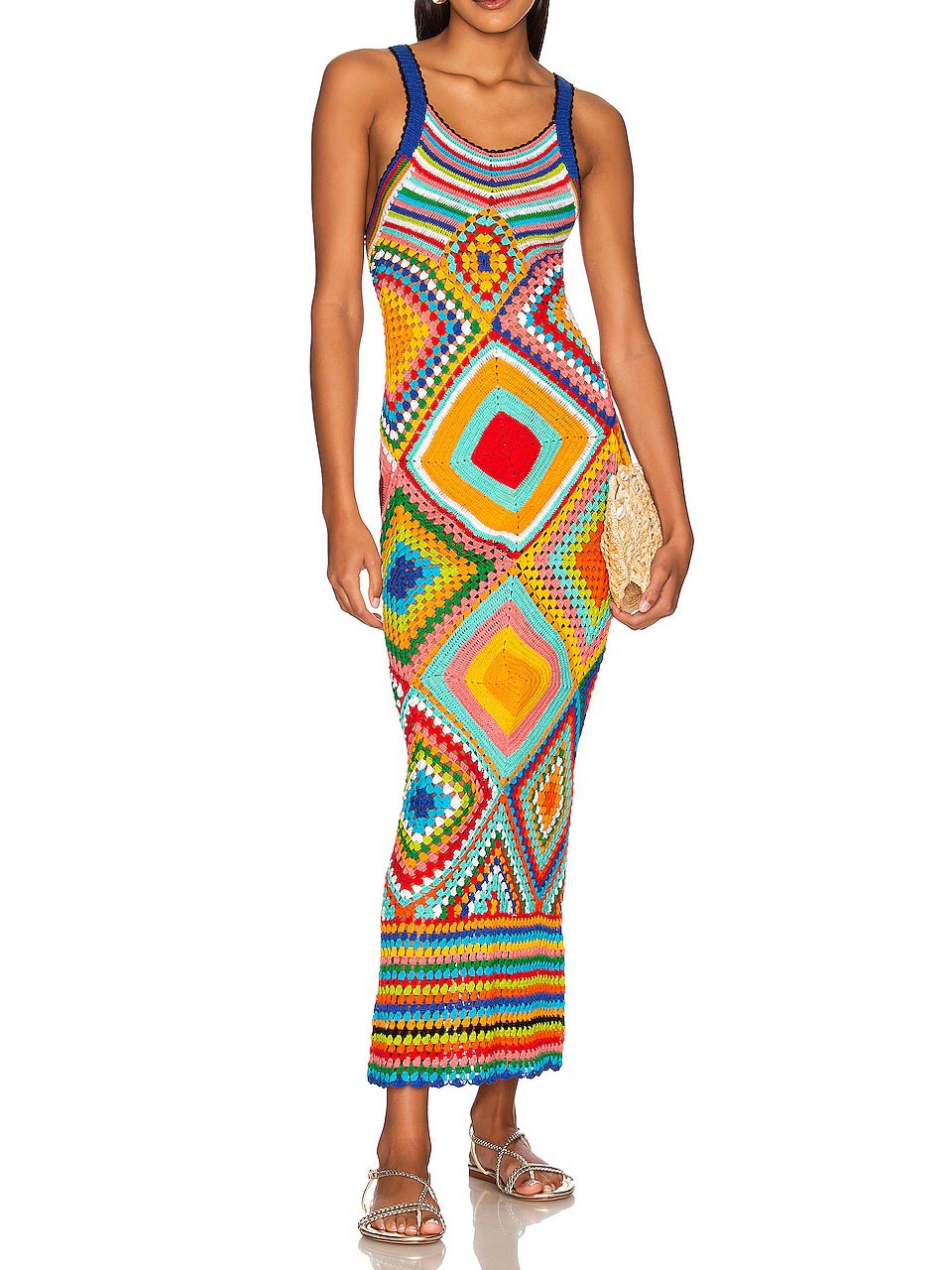 Vibrant Handmade Crochet Geometric Print Midi Dress