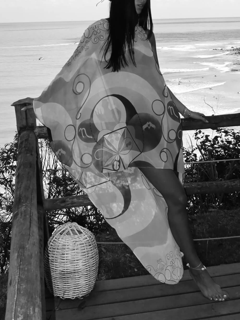 Exquisite Satin Printed Asymmetrical Batwing Loose Maxi Dress