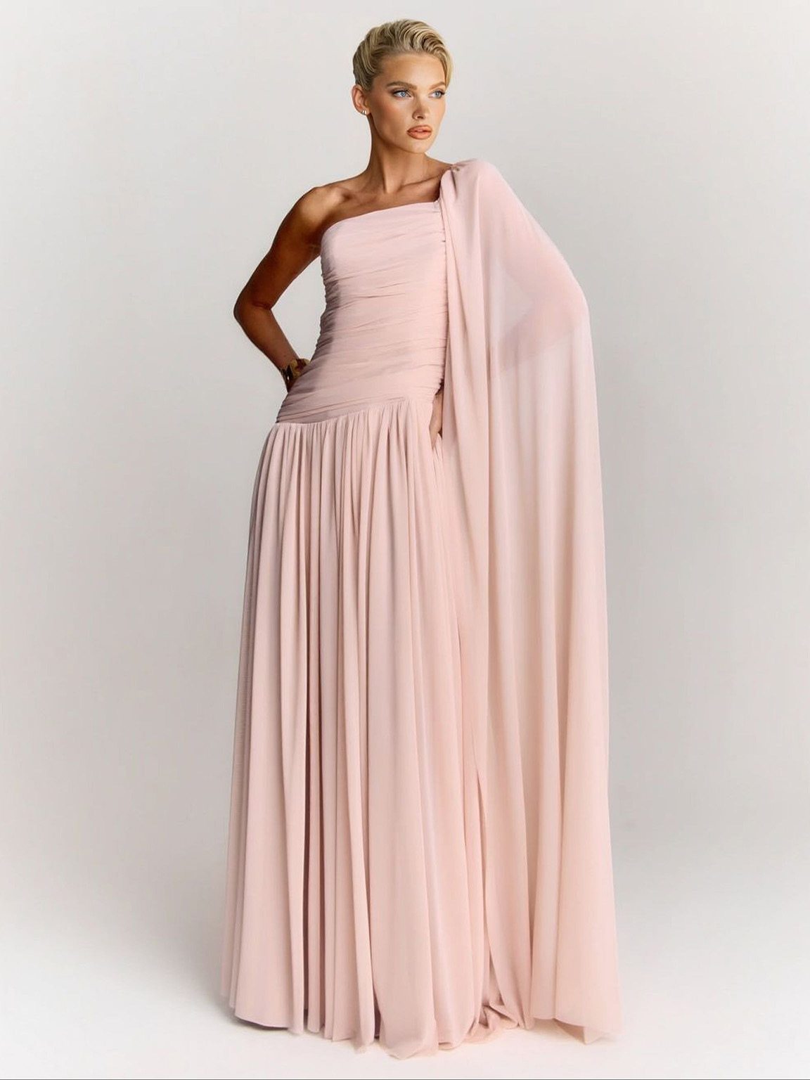 Elegant One-Shoulder Ruched Chiffon Maxi Dress