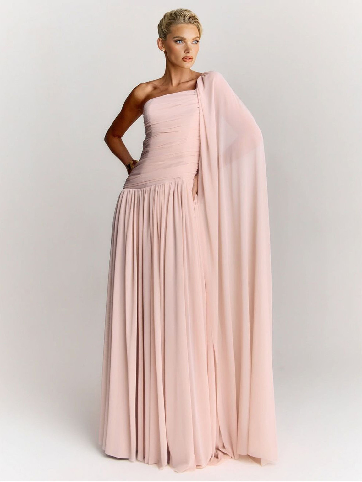 Elegant One-Shoulder Ruched Chiffon Maxi Dress