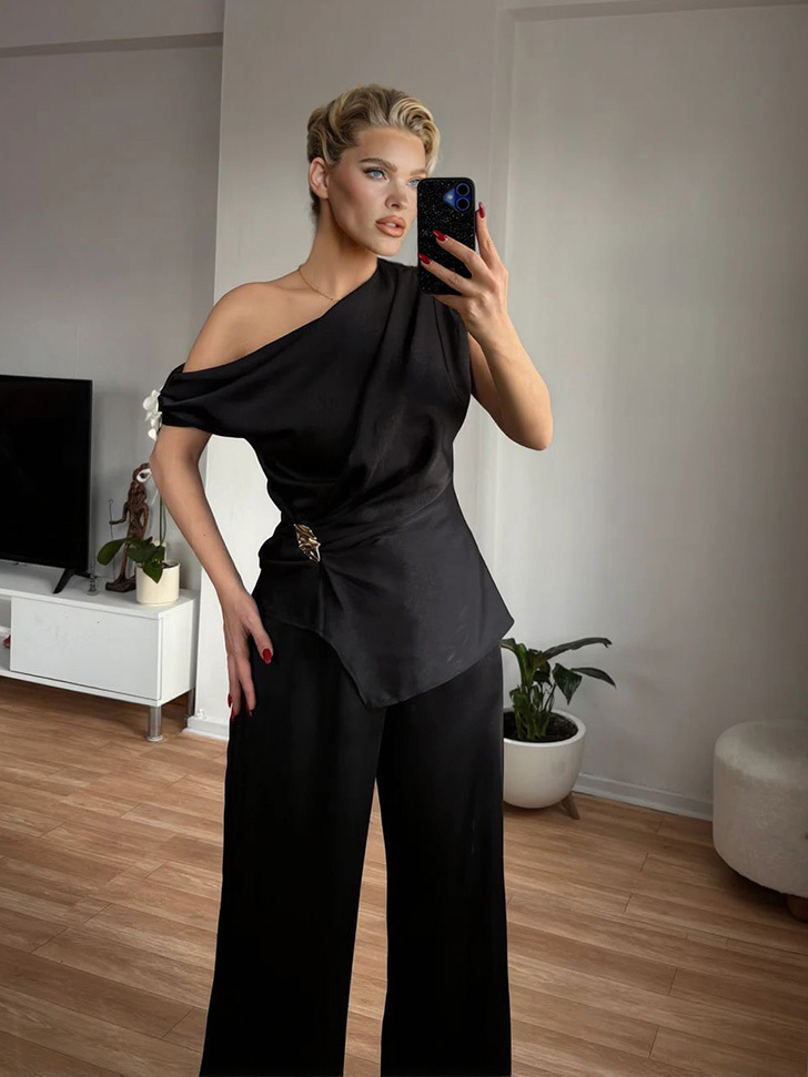 Elegant Satin One-Shoulder Draped Top & Wide-Leg Pants Two-Piece Set