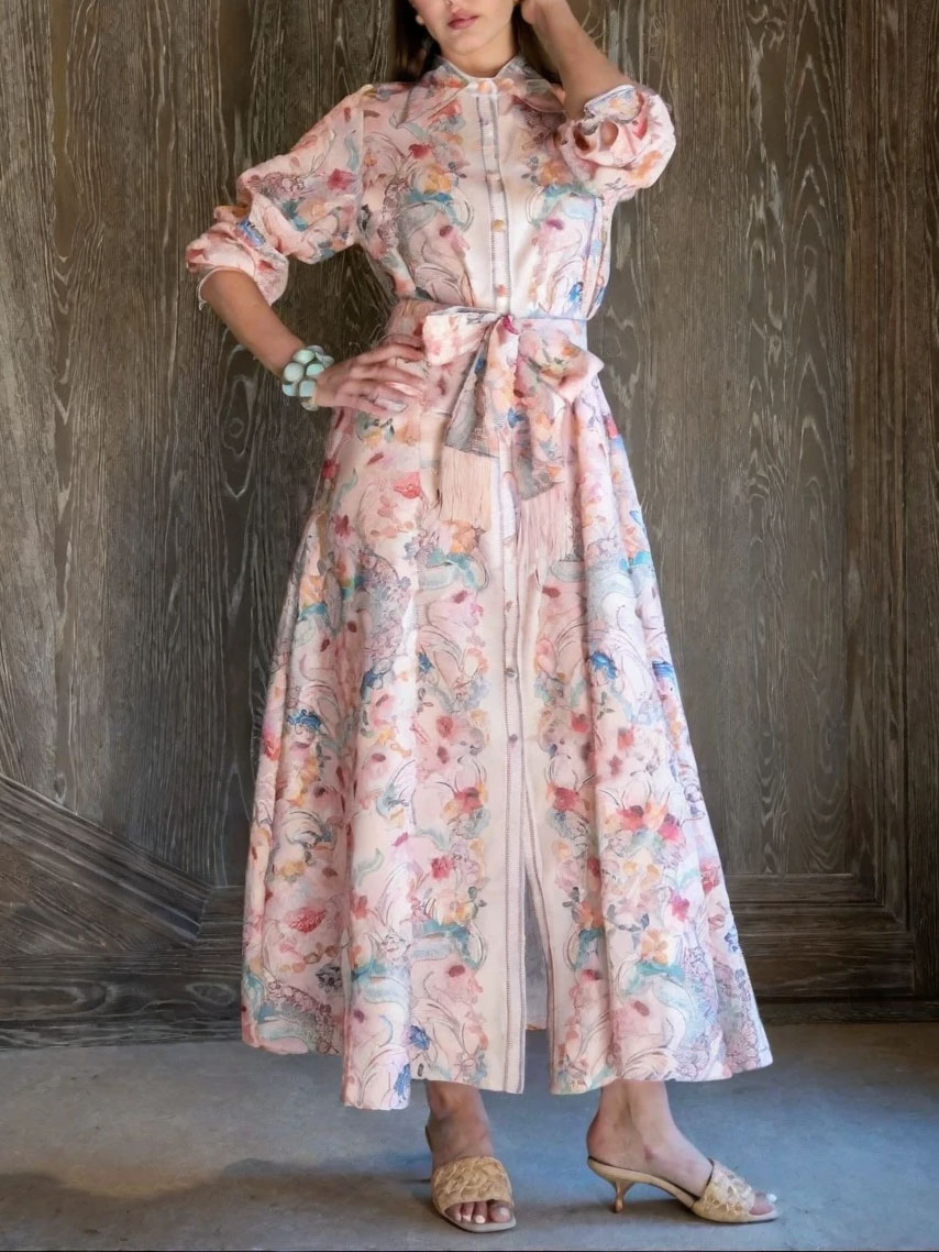 Exquisite Pastel Print Tie-Front Shirt Maxi Dress
