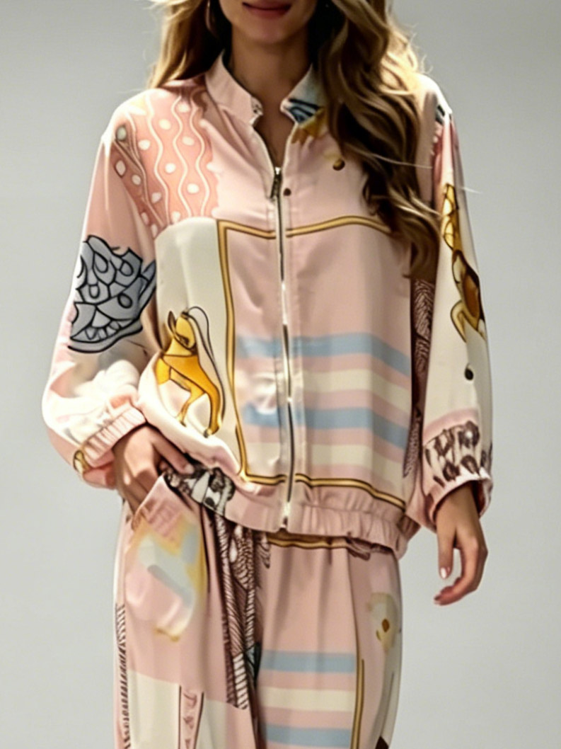 Casual Artistic Print Zip-Up Shirt