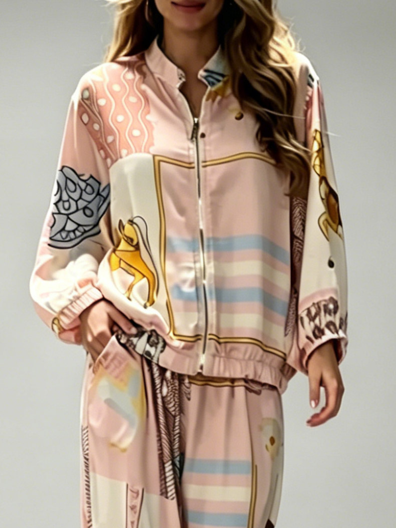 Casual Artistic Print Zip-Up Shirt