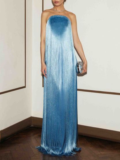 Elegant Strapless Fringe Formal Maxi Dress
