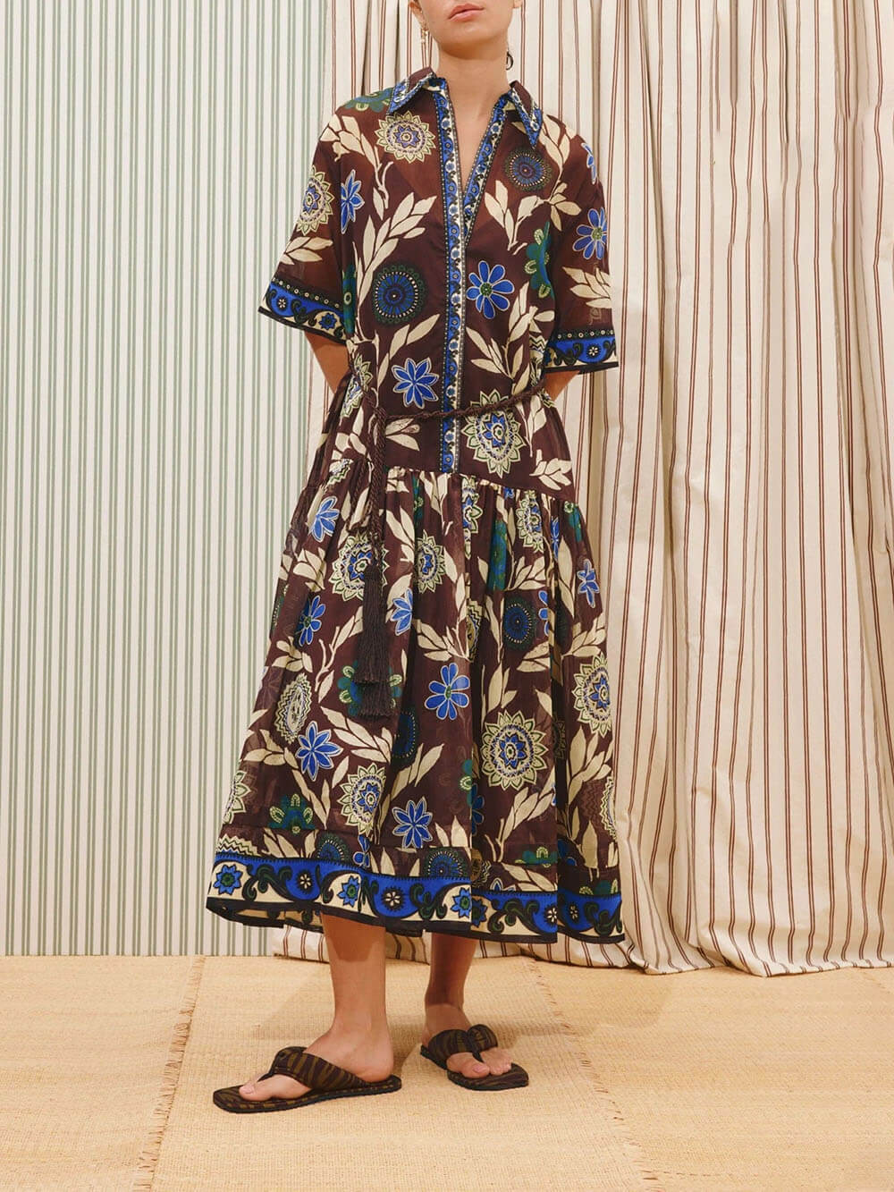 Retro Print Button-Front With Braided Rope Belt Maxi Shirtdress