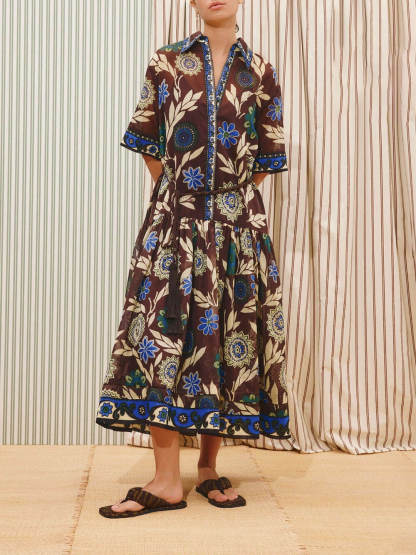 Retro Print Button-Front With Braided Rope Belt Maxi Shirtdress