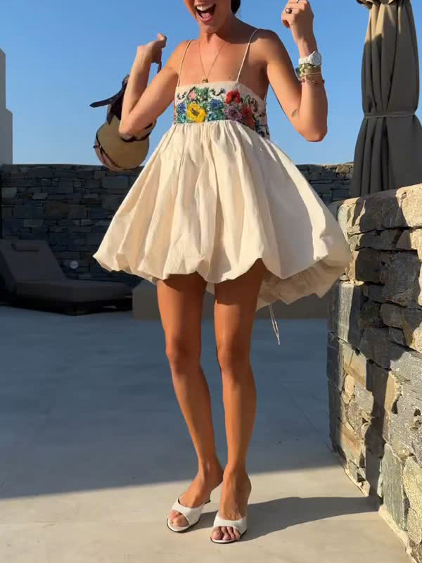 Exquisite Printed Suspender Lantern Mini Dress