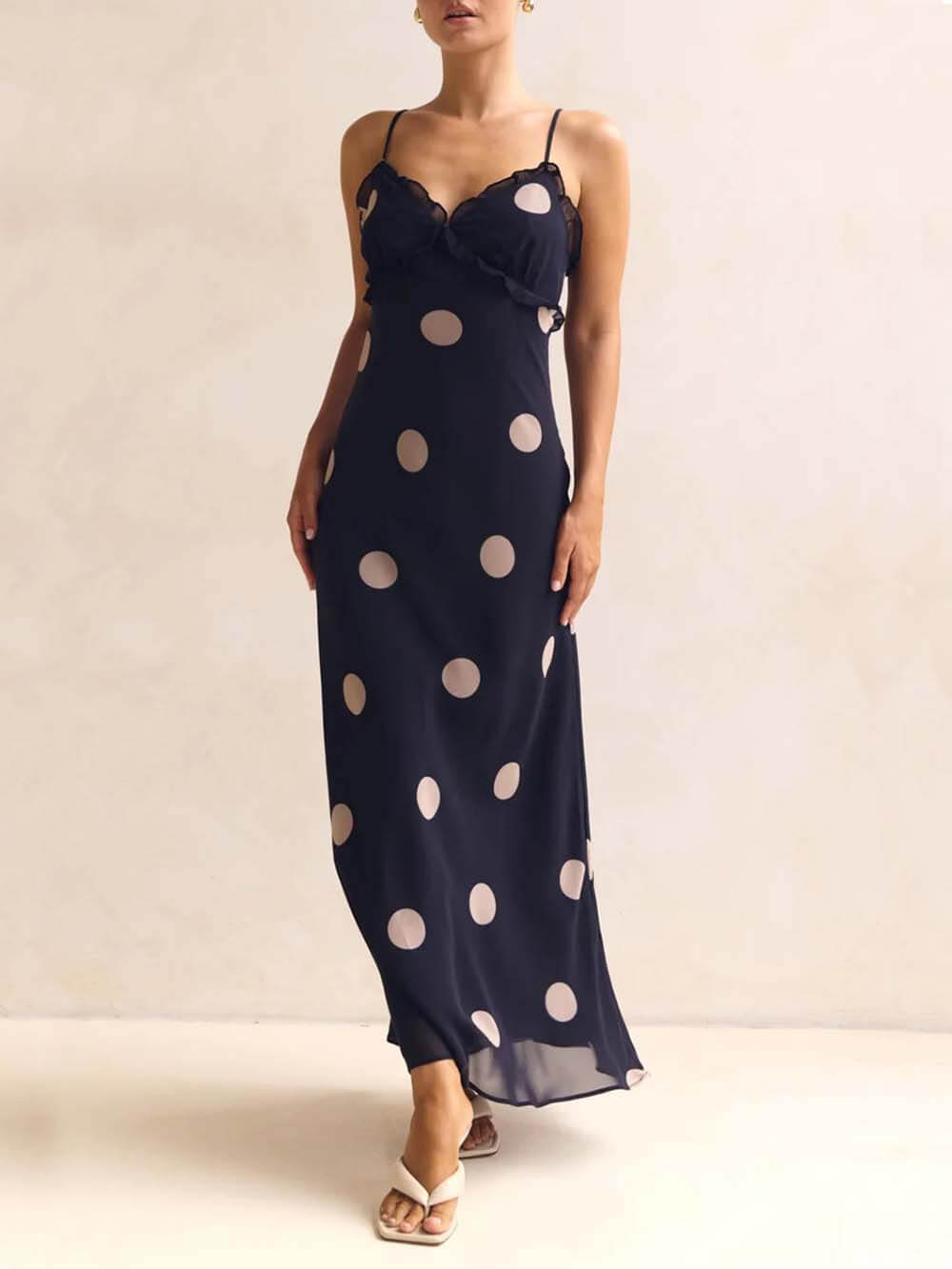 Delicate Lace-Trim Polka Dot Open-Back Maxi Dress