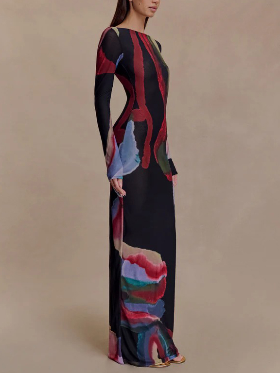 Exquisite Abstract Print Bodycon Long-sleeved Maxi Dress