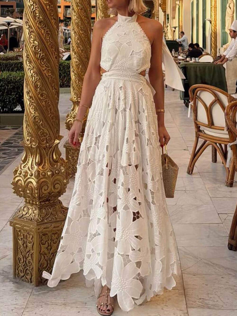 Exquisite Lace Crochet Backless Tie Maxi Dress