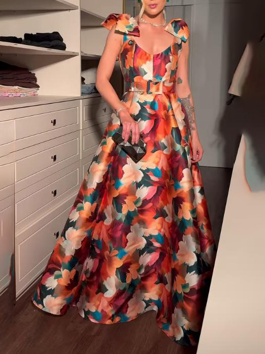 Elegant Floral Print Bow A-line Maxi Dress