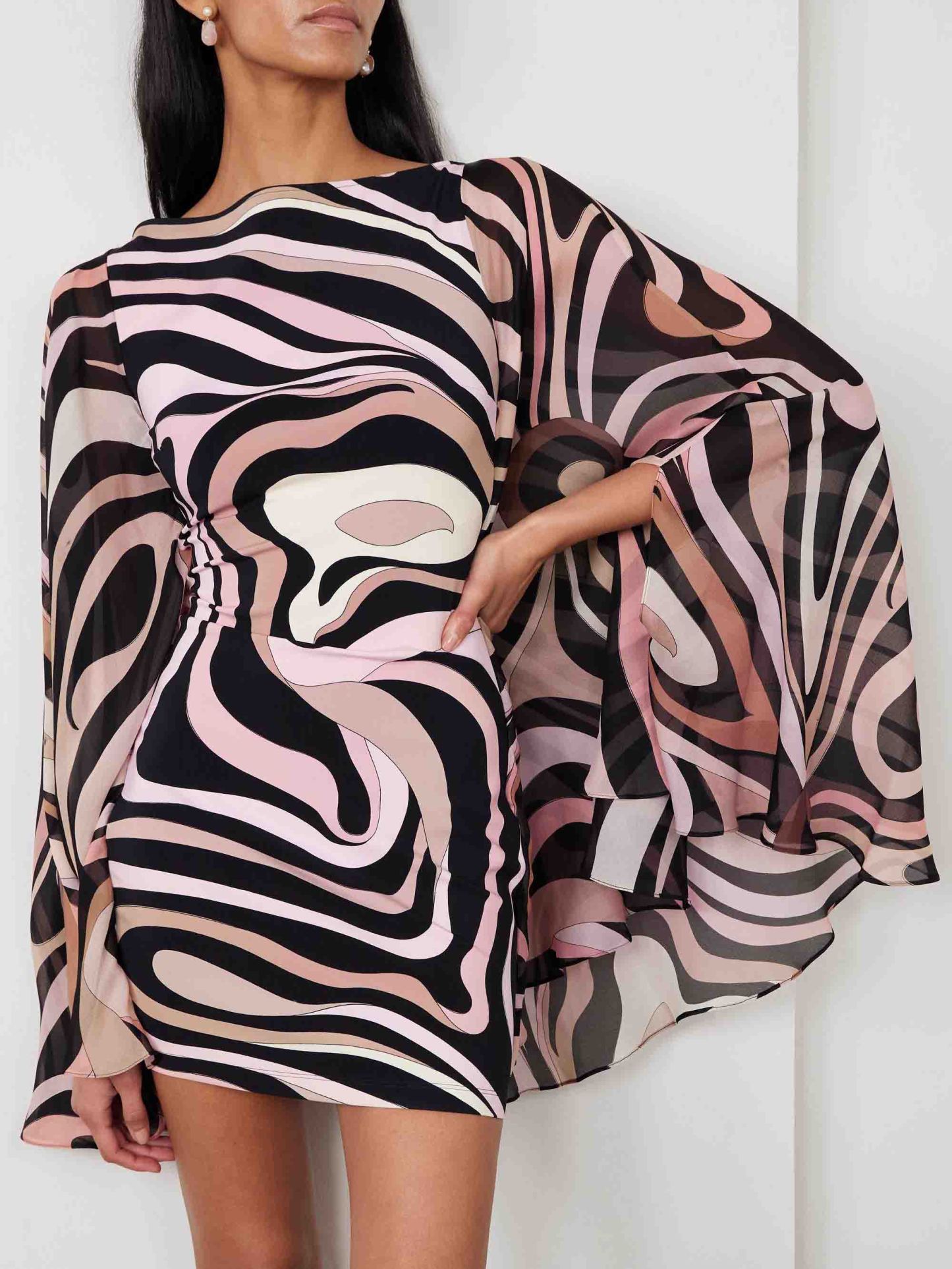 Retro Geometric Abstract Stretch Knit Cape Mini Dress