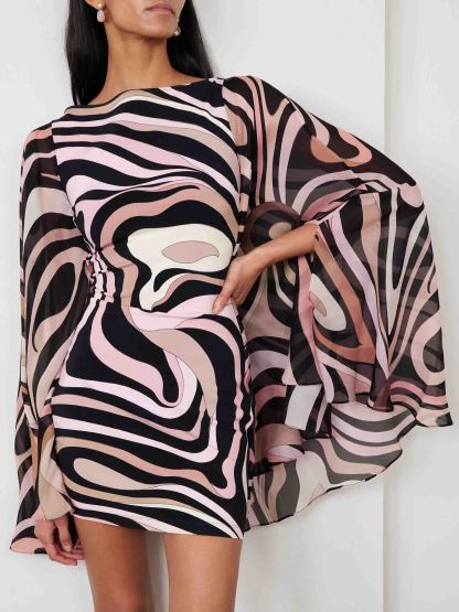 Retro Geometric Abstract Stretch Knit Cape Mini Dress