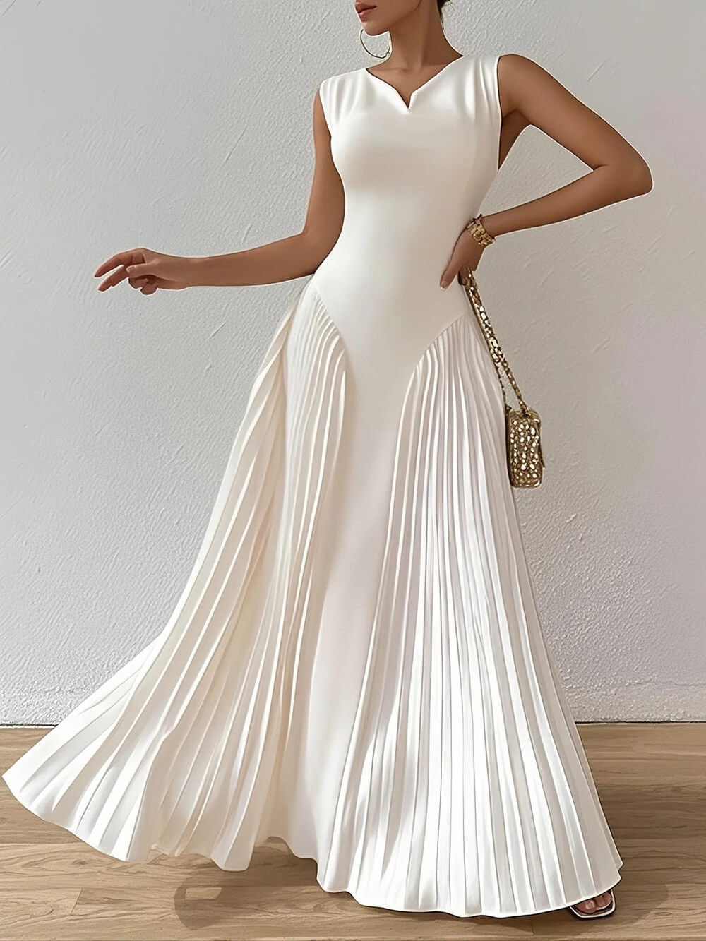 Exquisite Pleated Waist-Cinching Full-Skirt Gown Maxi Dress