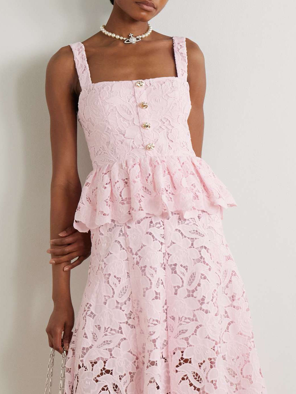 Elegant Pearl Button Lace Peplum Crop Top
