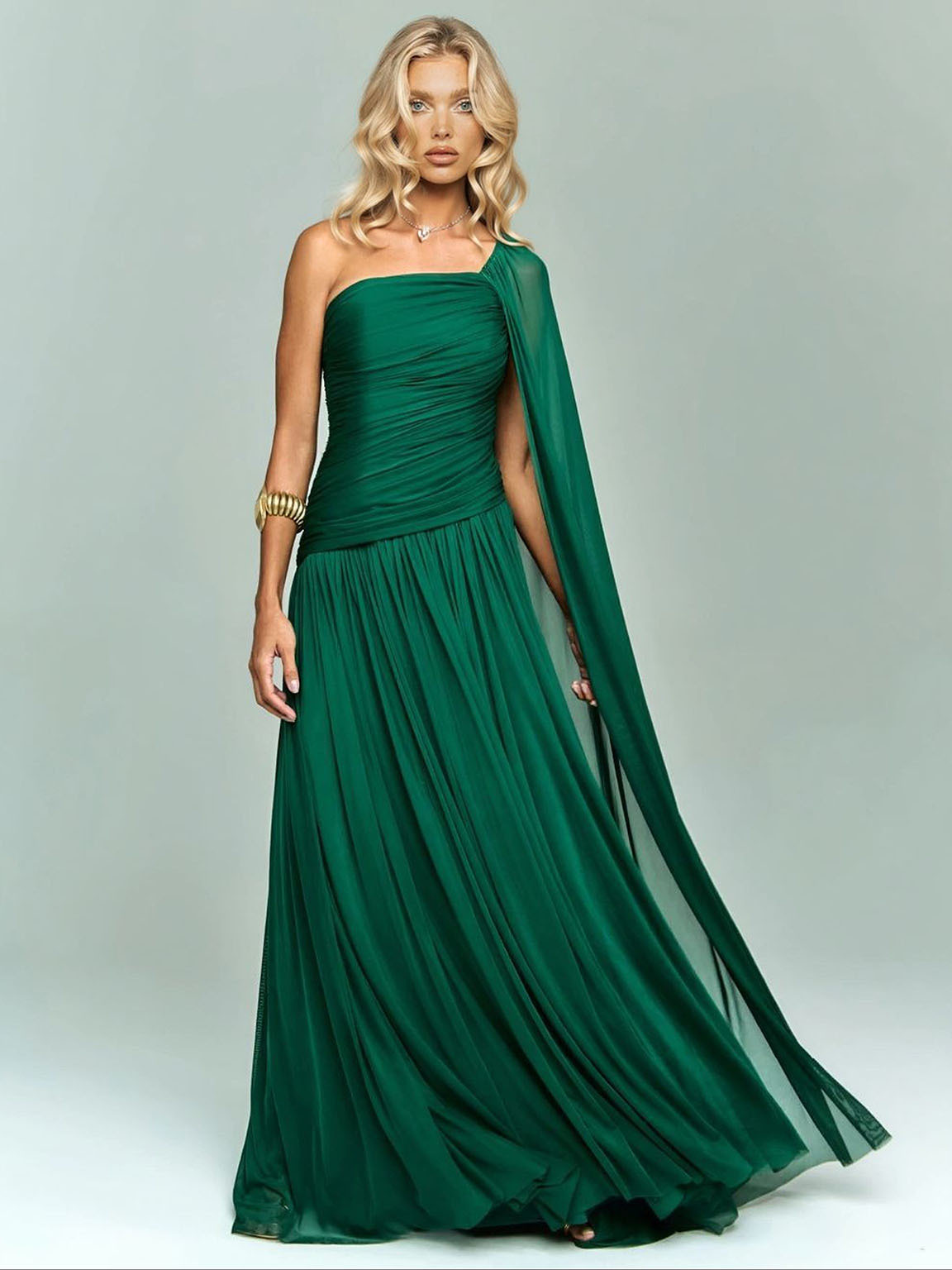 Elegant One-Shoulder Ruched Chiffon Maxi Dress
