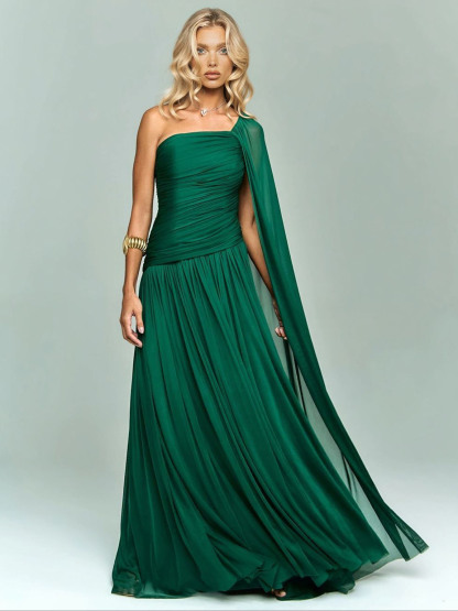Elegant One-Shoulder Ruched Chiffon Maxi Dress
