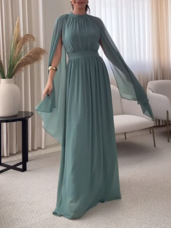 Elegant High-neck Cape Chiffon Flowing Long Dress