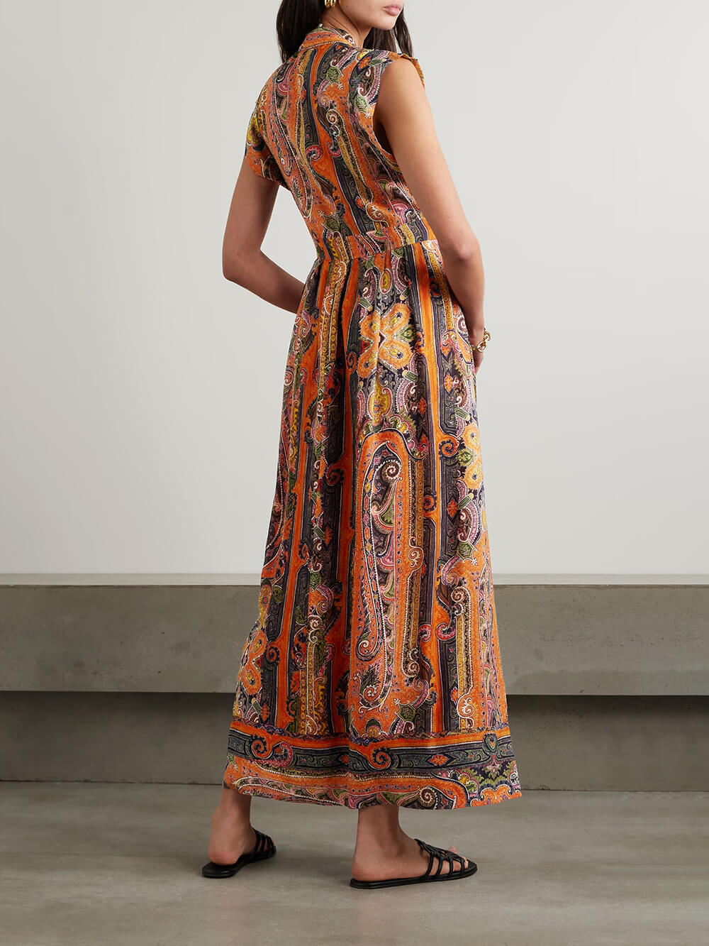 Delicate Belted Paisley Print Satin Maxi Dress