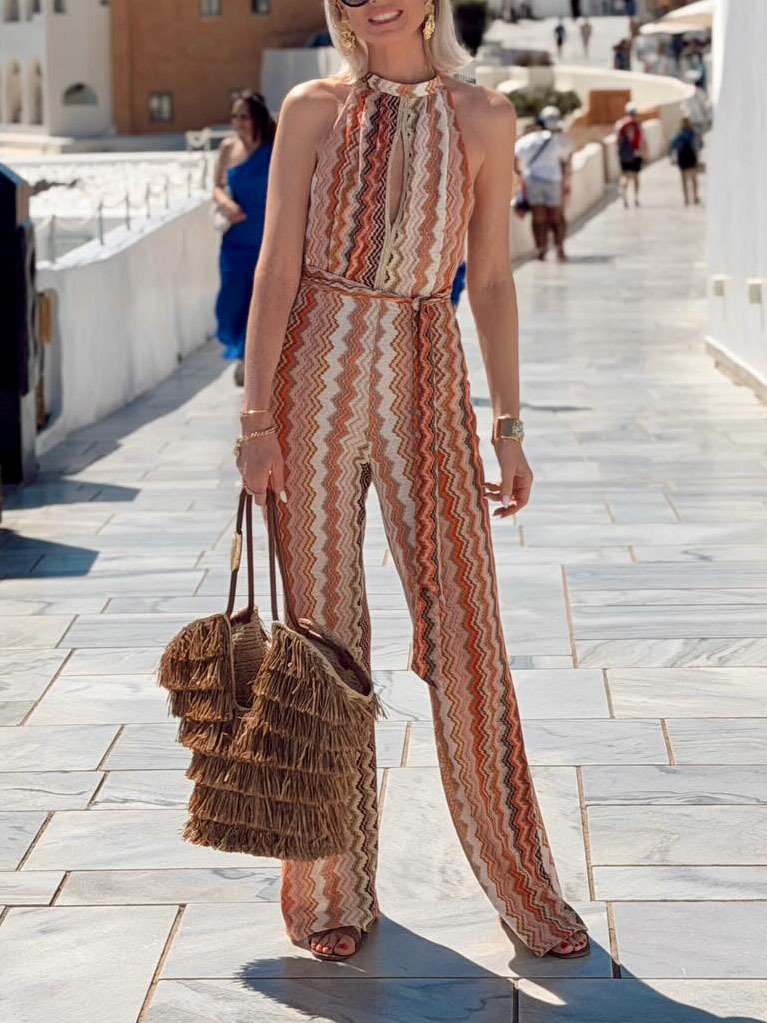 Casual Wave Print Halter Neck Jumpsuit