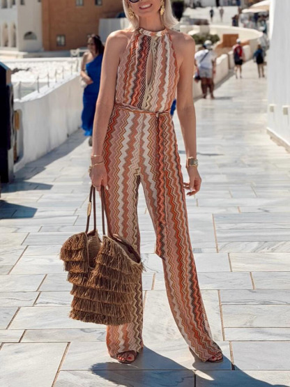 Casual Wave Print Halter Neck Jumpsuit