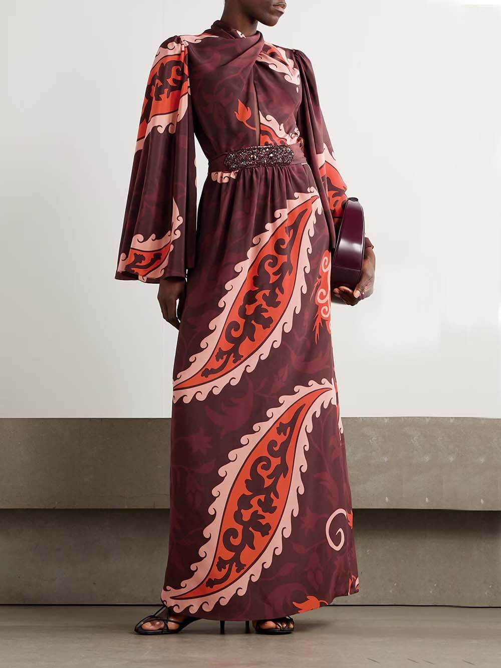 Unique Vintage Paisley Print Satin Belted Maxi Dress