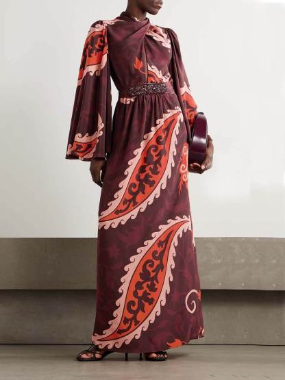 Unique Vintage Paisley Print Satin Belted Maxi Dress