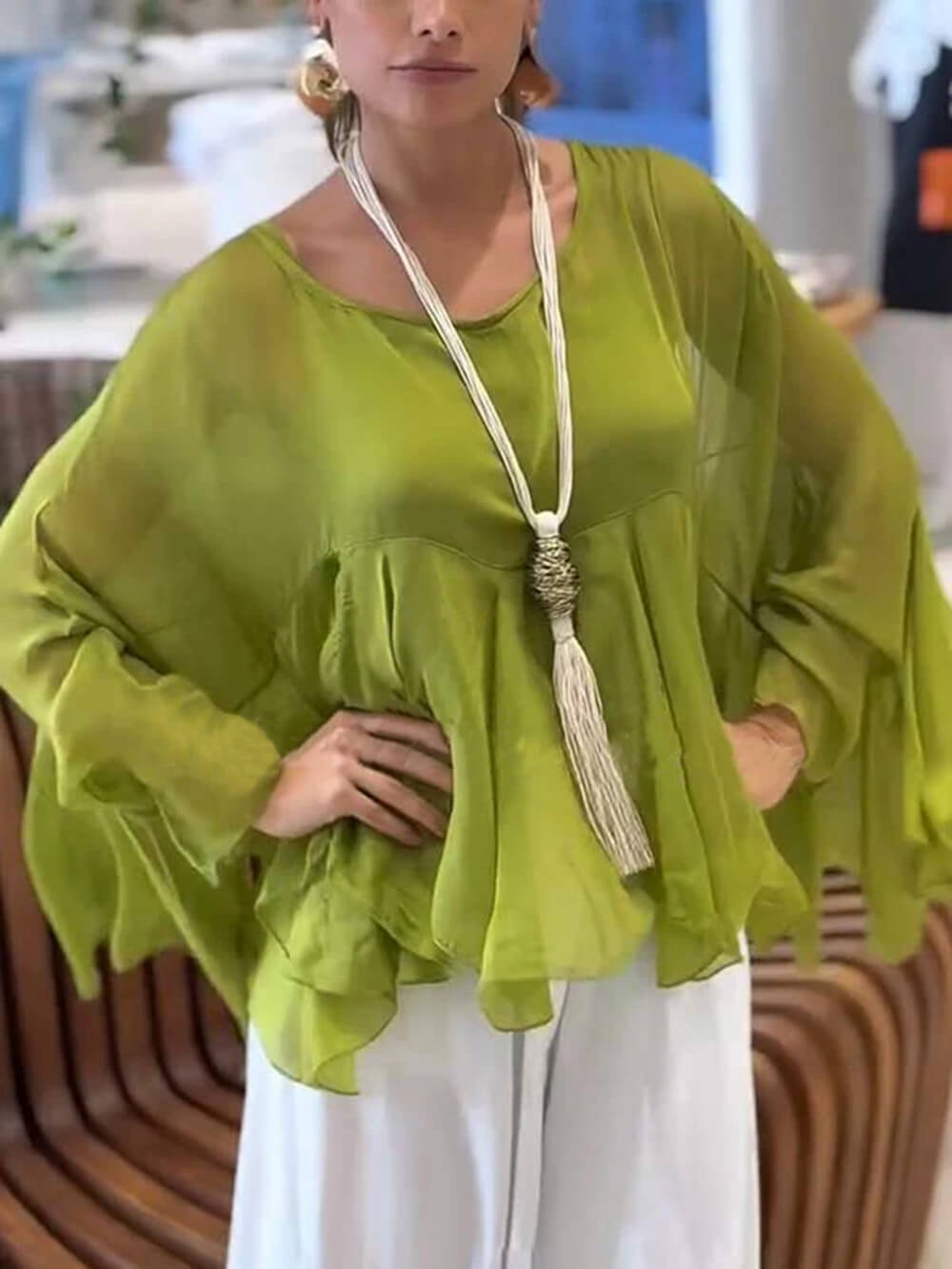 Elegant Romantic Journey Chiffon Ruffle Batwing Sleeve Top