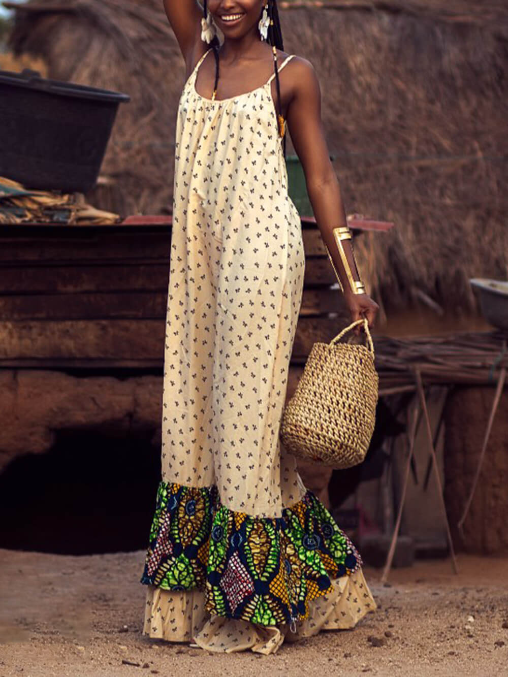 Bohemian Patchwork Print Off-Shoulder Vacation Maxi Dress