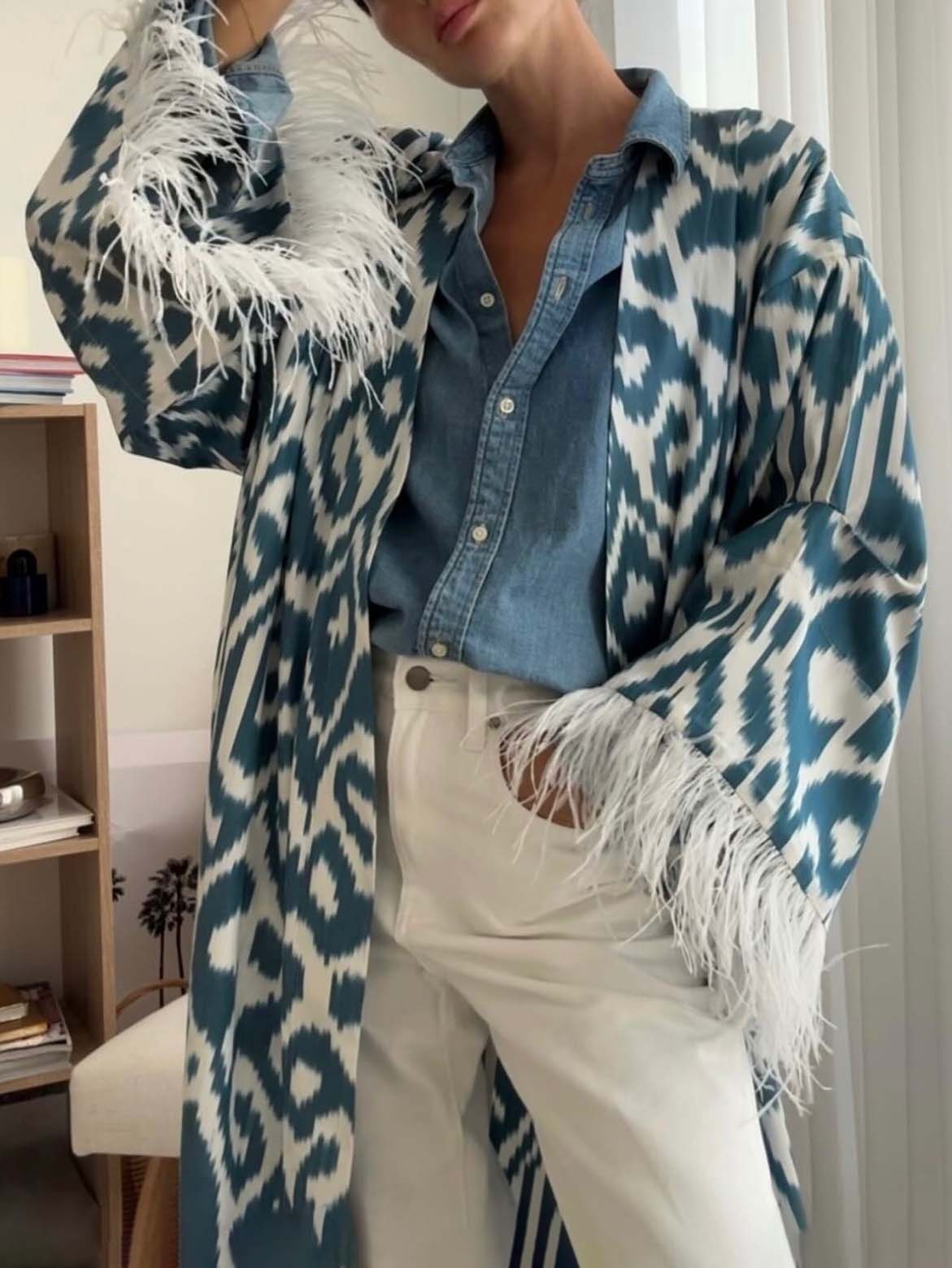 Elegant Printed Feather Cuff Long Coat