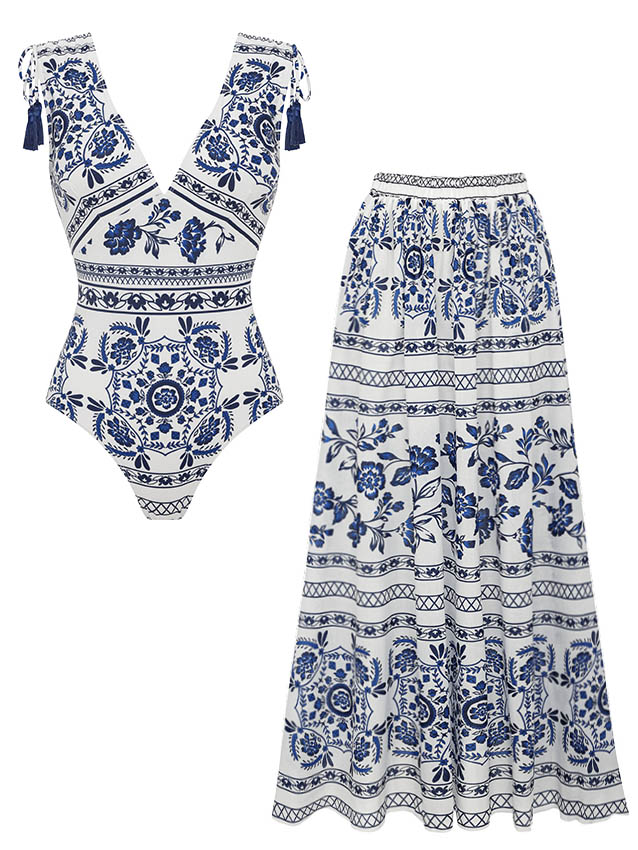 Elegant Porcelain Print Tassel One-piece Swimsuit