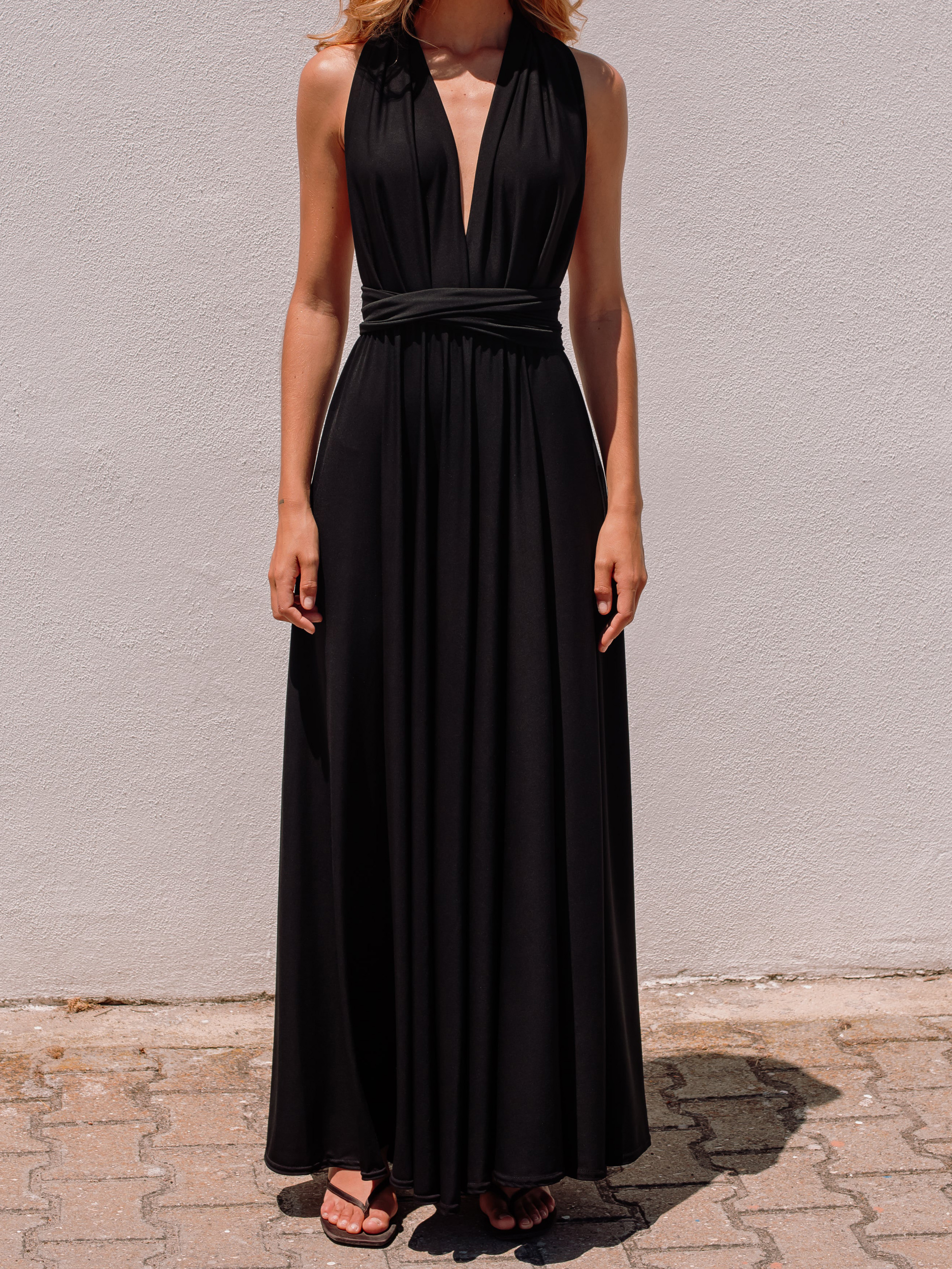 Elegant Multi-Way Neck Draped Tie-Waist Maxi Dress