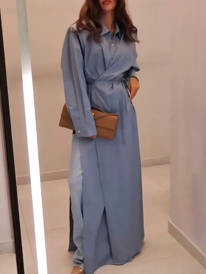Casual Slit Cotton Shirt Maxi Dress