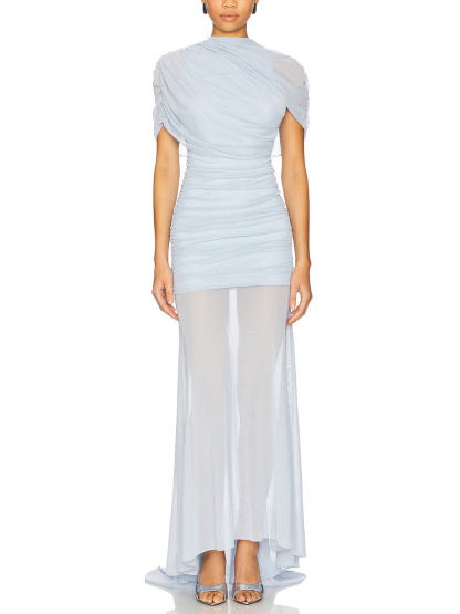 Elegant Ruched Sheer Panel Short-Sleeve Maxi Dress