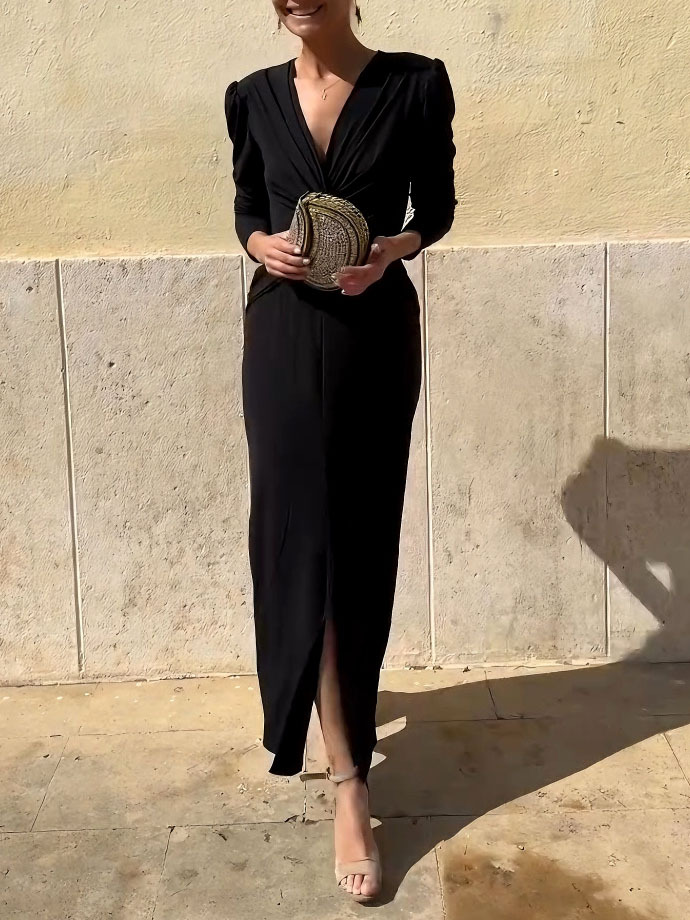 Elegant V-neck Twist Slit Maxi Dress