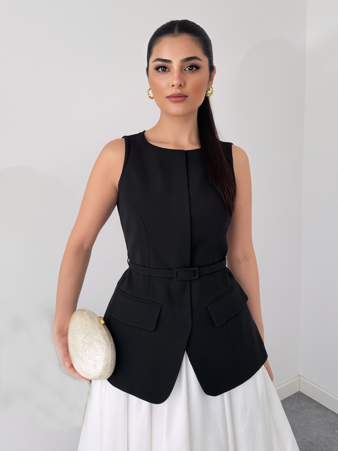 Elegant Sleeveless Vest And White Flared Midi Skirt Two-Piece Set