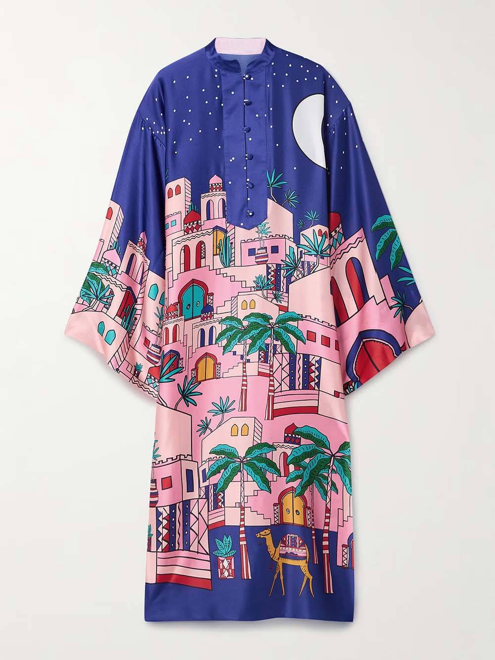 Unique Seaside Satin Print Button Up Long Sleeve Slit Kaftan Midi Dress