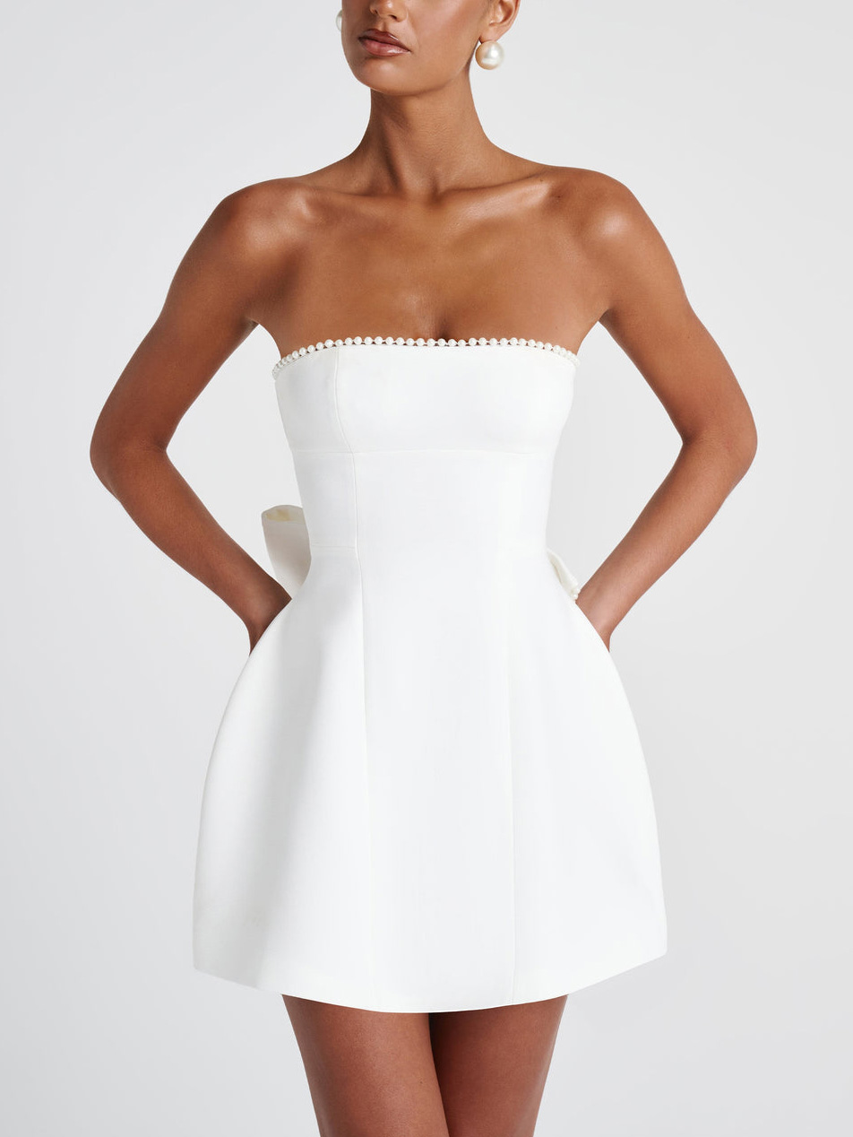 Elegant Off-The-Shoulder Pearl Trim Bow A-Line Mini Dress