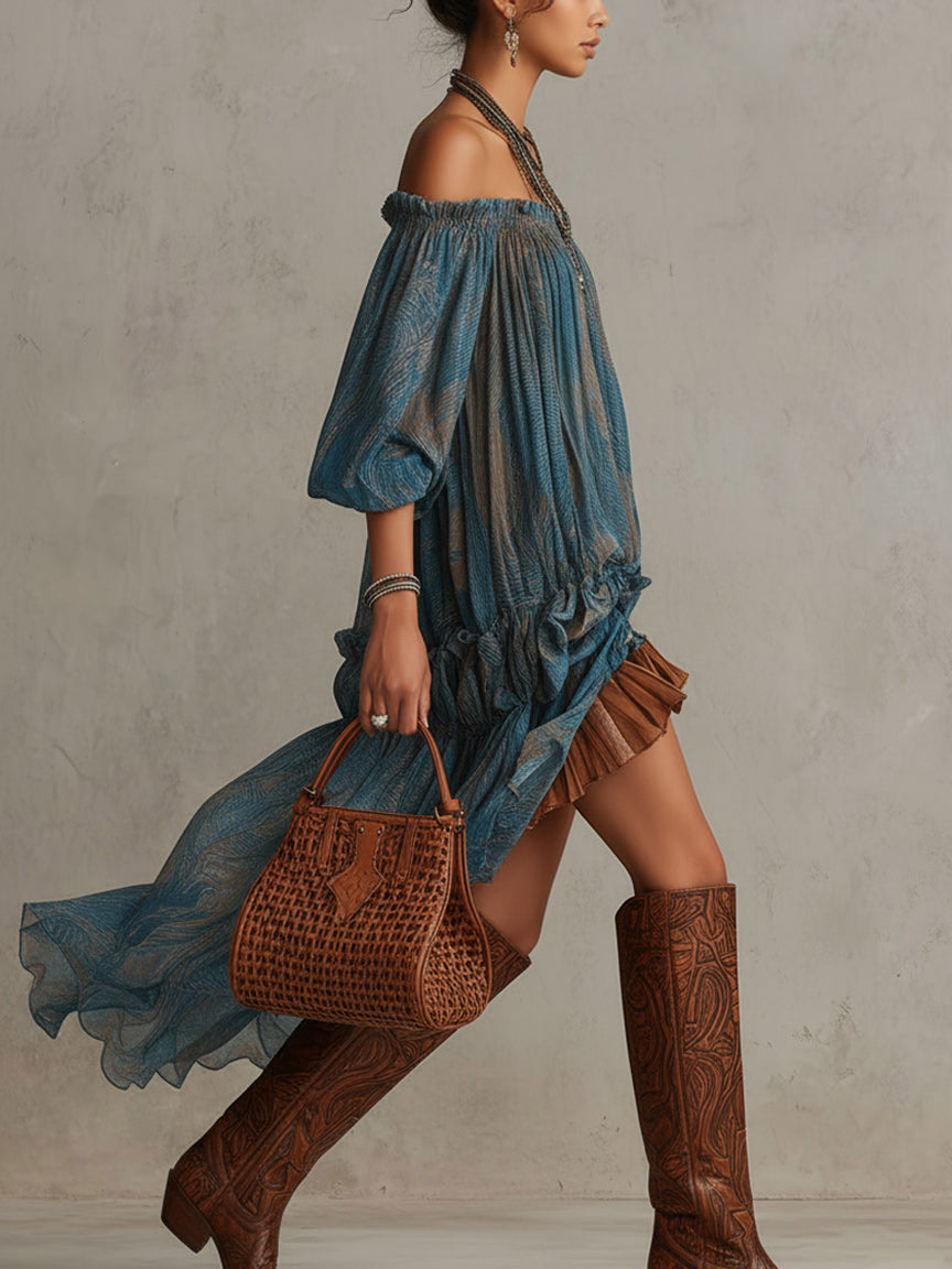 Bohemian Off-Shoulder Ruffled Sheer High-Low Midi Dress