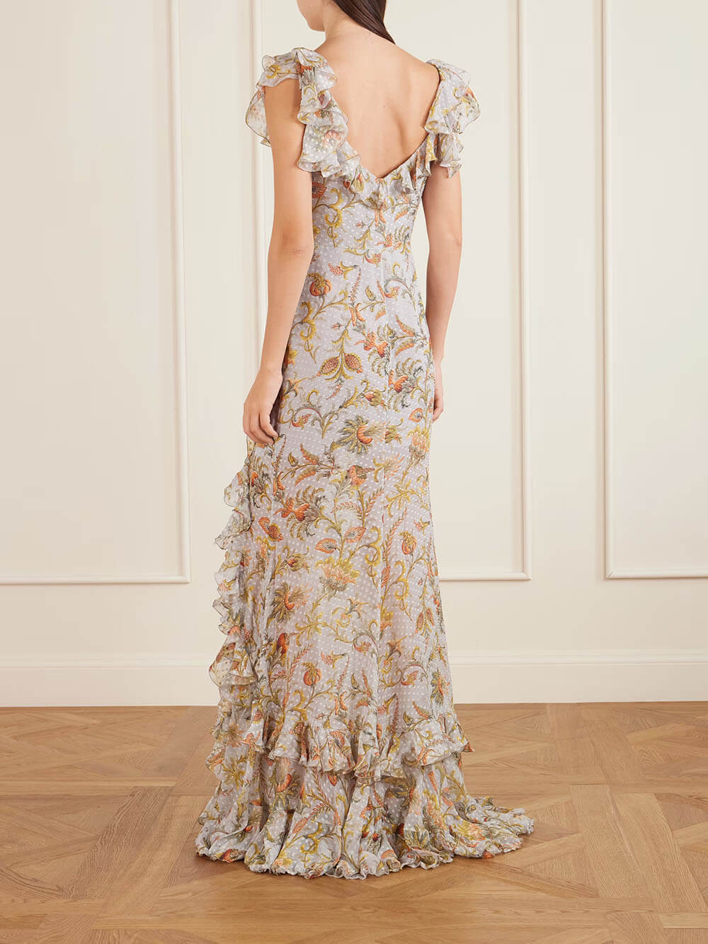 Fashion Off-Shoulder Ruffle Print Side-Slit Maxi Dress