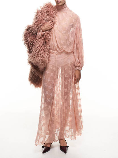 Elegant Mesh Pleated Lace High-Neck Blouse