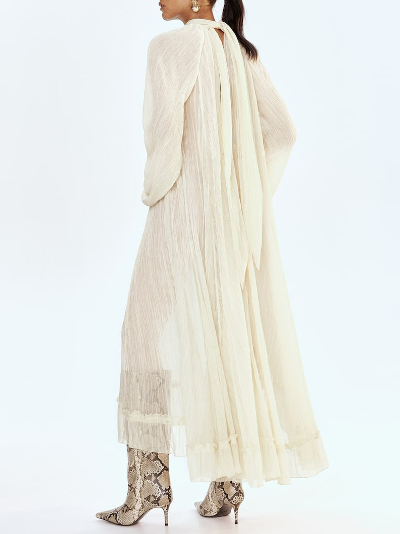 Elegant High-Neck Pleated Long-Sleeve Maxi Dress