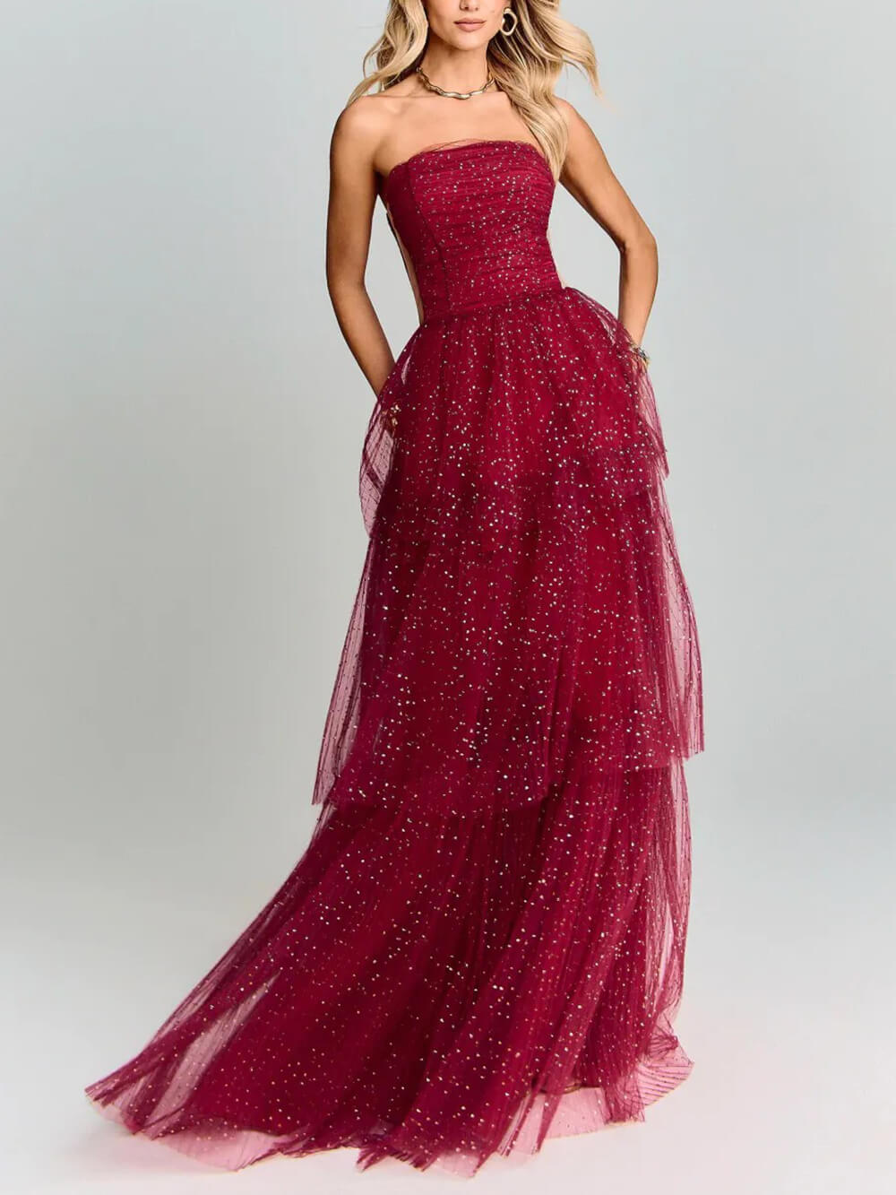 Elegant Red Polka Dot Layered Tulle Party Maxi Dress