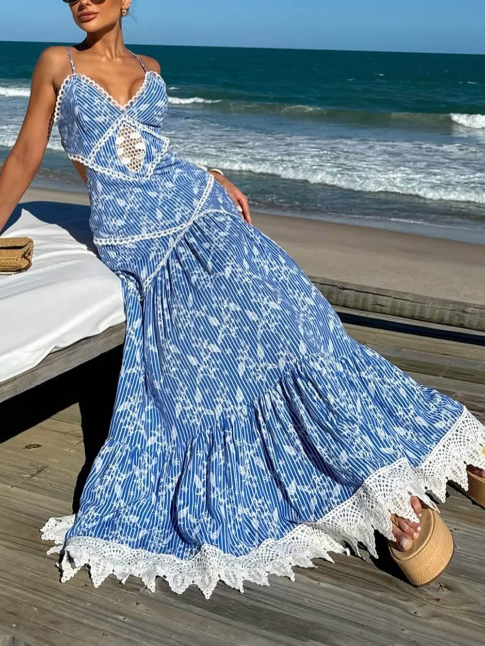 Boho Lace Insert Printed Backless Maxi Dress